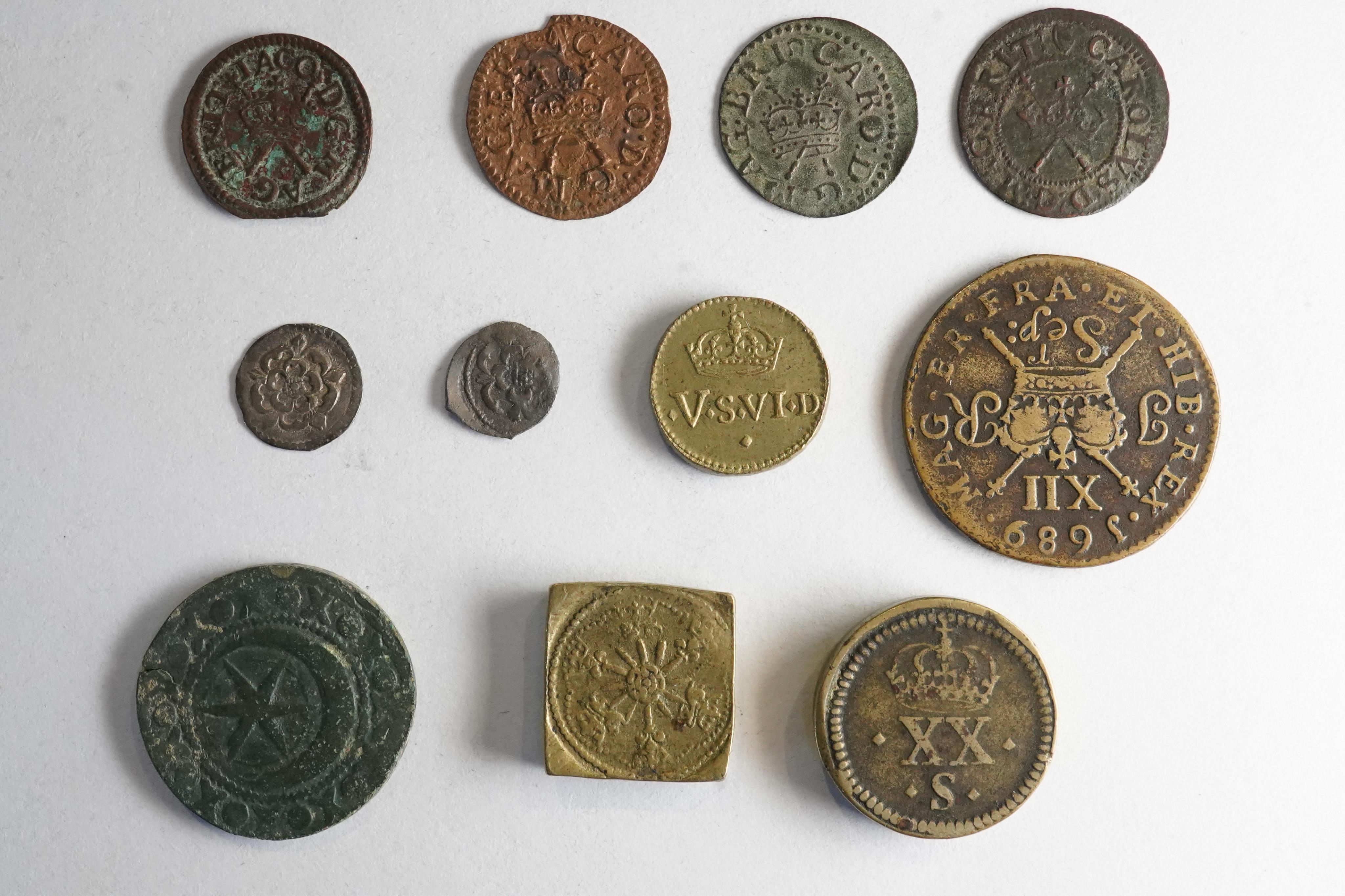 British and Irish hammered coins and coin weights, James I (1693-1625) silver halfpenny, second issue, Coronet, copper farthing, Charles I (1623-1649), silver halfpenny, rose both sides, three Irish copper farthings, Jam